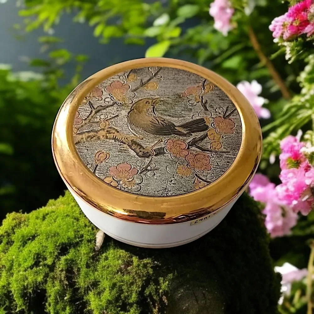Art of Chokin Trinket Dish Jewelry Box Etched Birds Floral Gold MCM Romantic‎